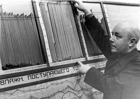 V.Gurychev, main engineer of hydroelectric power station at a board of parameters of the station activity, Shatura. 
1935. 
From the Russian state archive of film-photo documents of Krasnogorsk