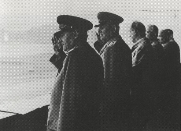 Military parade in Prague 1951. President Gottwald and marshal  Konev on the tribune.  The original version of the picture was published by czech journalists in 1968