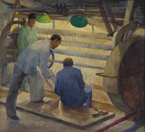 O. Kolmakova. At the factory. 1920-30's Canvas, oil 115x128.
