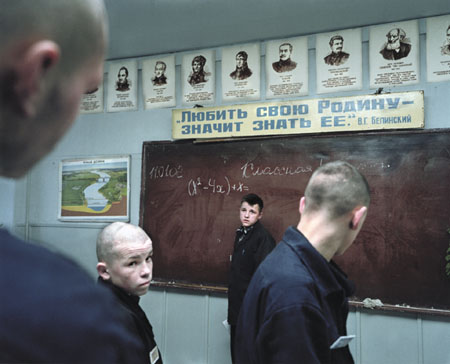 Carl De Keyzer.
Youth camp. Kansk. 14—18 year old boys. During school class. 
2000. 
Project “Zona”. Prison camps. Former Gulags.
Russia. Siberia. Krasnojarsk region. 
© Carl De Keyzer / Magnum Photos