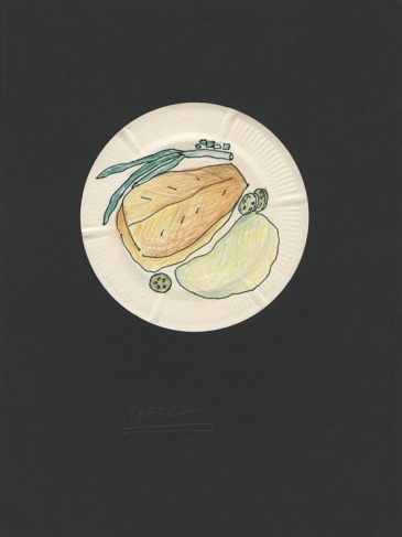 Andrey Bilzho.
From the series ‘Food’. 1995–2005. 
Disposable plates, colour pencil. 
Artist’s collection