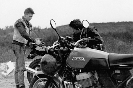 Breakage on road. Yus and Ilyas, participants of the first Moscow moto-gang “Black Aces”. Moscow. 
1988. 
Dima Sabbats collection