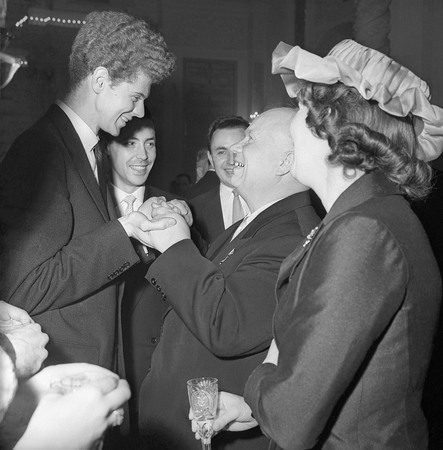Alexander Ustinov.
Nikita Khrushchev Congratulates Van Cliburn on Winning the First International P.I.Tchaikovsky. Contest. Moscow. 
1958. 
Private collection