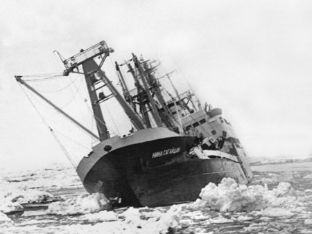 The “Nina Sagaydak” motor ship, sunk in ice after the landslip of Ayonsky massif