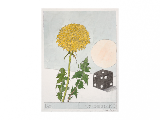 Nikita Alexeev.
Dd: dandelion; dice.
From the ‘Your first book (from “apricot” to “zucchini” and back again)’ series.
2020.
Rapidograph and watercolour on paper