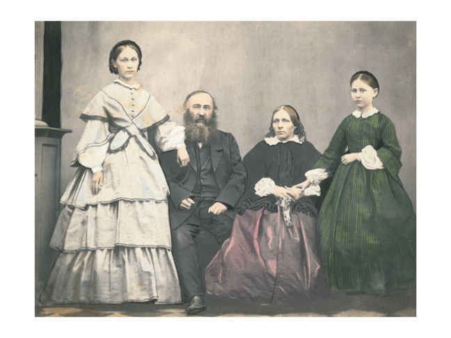 Unknown artist. Portrait of Alexei Nikolaevich Tyutchev with his wife Anna Iosifovna and daughters Anna and Maria. C. 1864. Salted paper, watercolour. MAMM collection