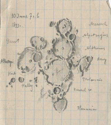 А.П. Ганский.
Зарисовка наблюдений лунных кратеров и гор.
1892.
Бумага, карандаш.
АРАН, ф.543, оп.11, д. 4, л. 2