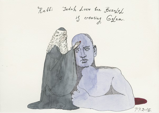 Rabbi Judah Loew ben Bezalel creating the Golem, 2015.
Watercolor and ink on paper