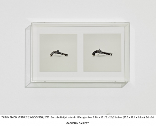 Taryn Simon.
Pistols (unlicensed). 2010.
2 archival inkjet prints in Plexiglas box.
Box: 9 ¼ x 15 ½ x 2 ½ in.
Each image: 6 ¼ inches squared.
© Taryn Simon. Courtesy Gagosian Gallery
