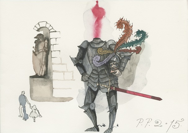 Headless Knight Templar, one of the most popular ghosts of Prague,
2015.
Watercolor and ink on paper