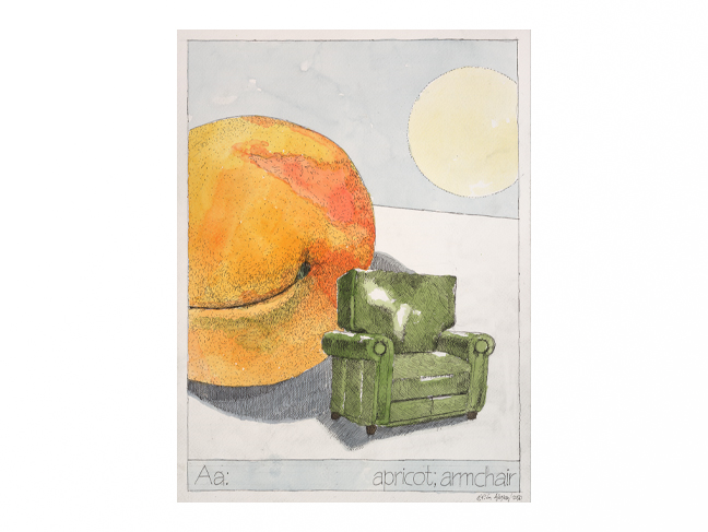 Nikita Alexeev.
Aa: apricot; armchair.
From the ‘Your first book (from “apricot” to “zucchini” and back again)’ series.
2020.
Rapidograph and watercolour on paper