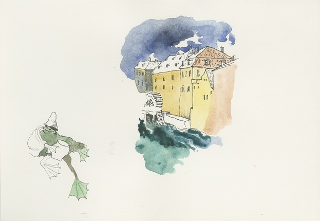 Merman and Grand Priory Mill on Čertovka River,
2016.
Watercolor and ink on paper