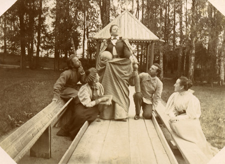 Father Feodor (Maltsev), Sophia Ivanovna Tiutcheva and Yekaterina Ivanovna Tiutcheva, princess Maria Konstantinovna Golitsyna, Ivan Ignatievich Tradel at bowling
