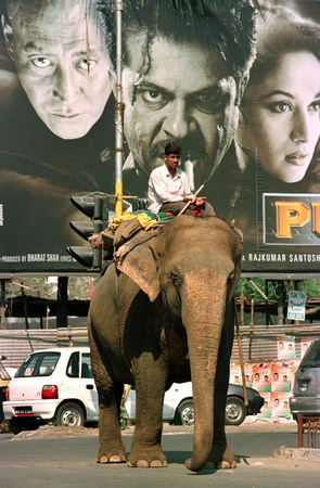 Jonathan Torgovnik.
Cinema billboard advertising the film “Pukkar” and an elephant merging with rush hour traffic on Juhu Beach Road, Mumbai (Bombay). 
2000. 
Presented by Admira, Milan