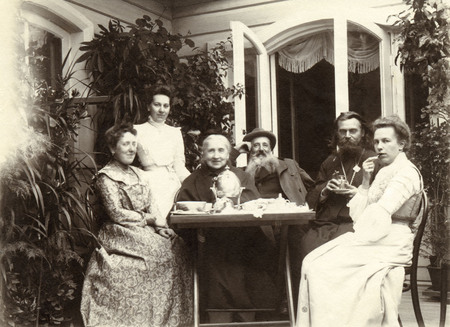 Sophia Ivanovna, Yeketerina Ivanovna, Olga Nikolayevna, Ivan Feodorovich Tiutchev, Father Dmitri and Olga Alexandrovna Defabre at winter garden of Muranovo house