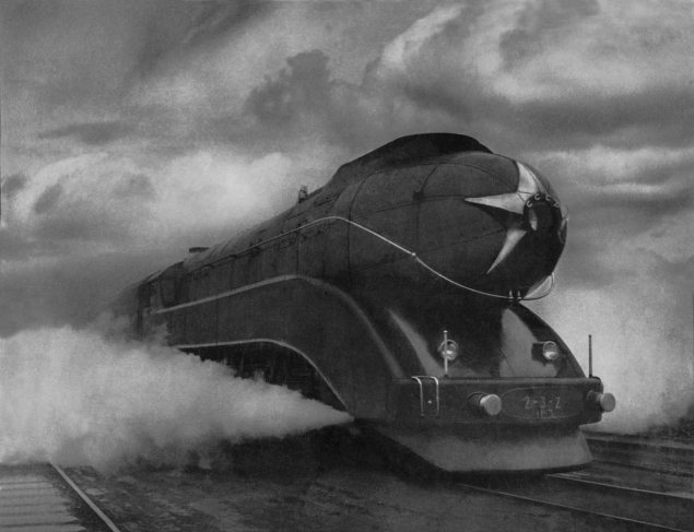 Arkadiy Shaikhet.
Express. Moscow, Udelnaya station, 1939.
Silver gelatin print.
One of two trial versions of the 2-3-2 steam train. Followed the route Moscow-Leningrad